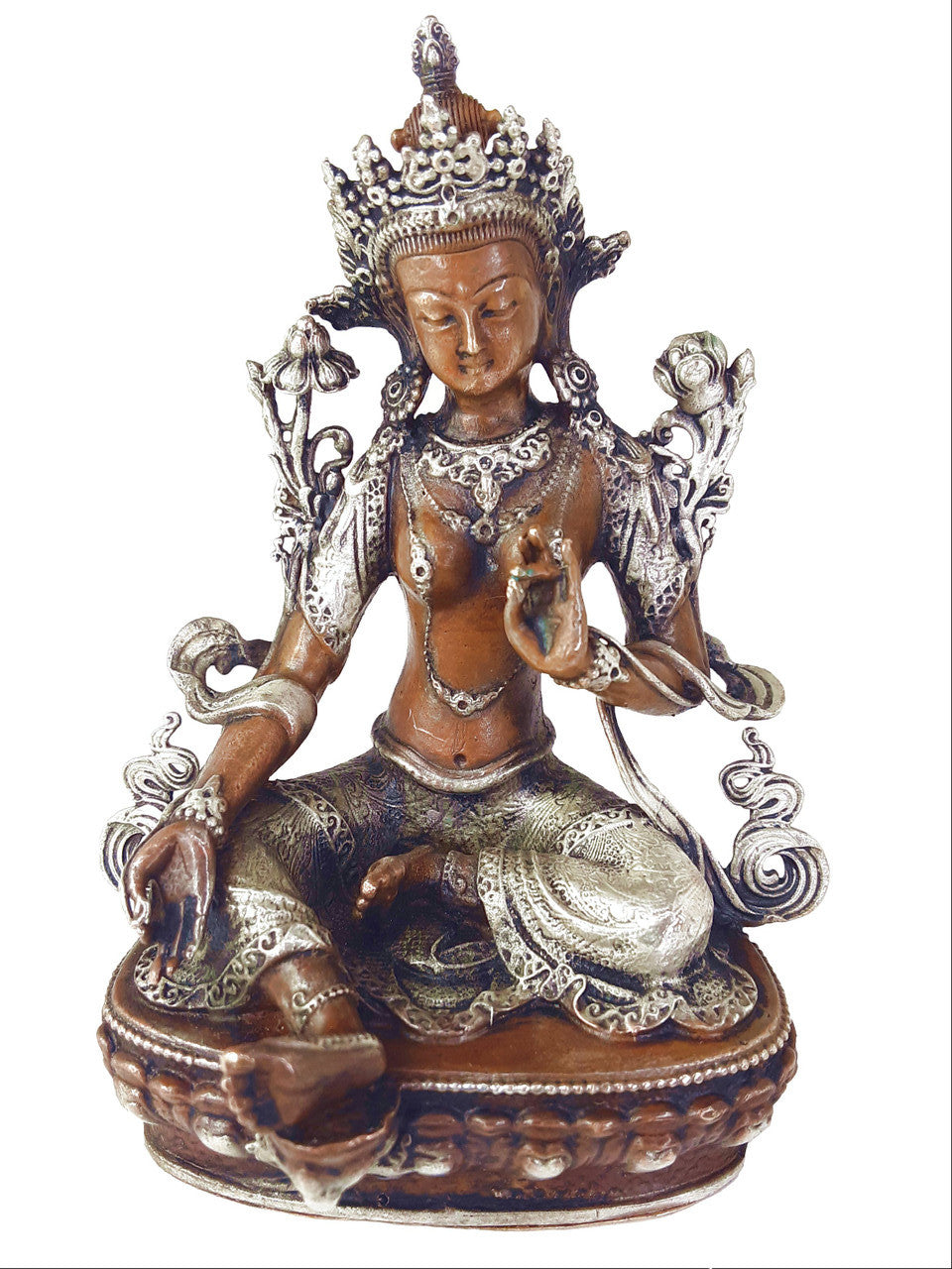 Copper with Silver Green Tara Statue, 3.75"