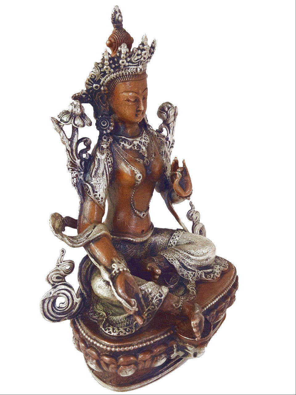 Copper with Silver Green Tara Statue, 3.75"