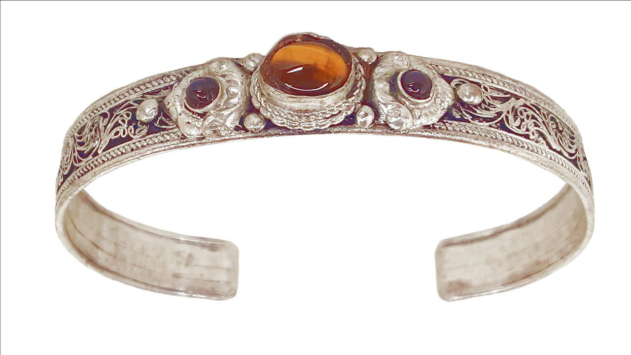 Tiger's Eye and Garnet White Metal Bracelet