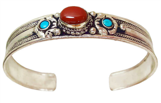 Carnelian and Turquoise White Metal Bracelet