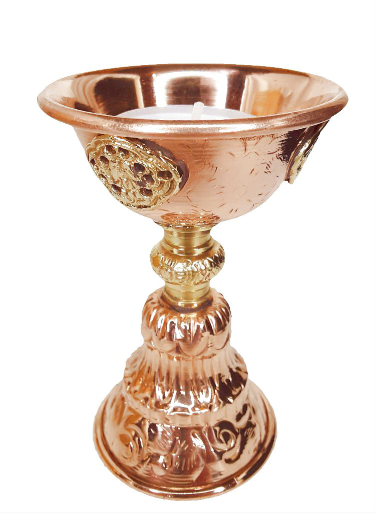 Copper Auspicious Symbols Butter Lamp 3.75"