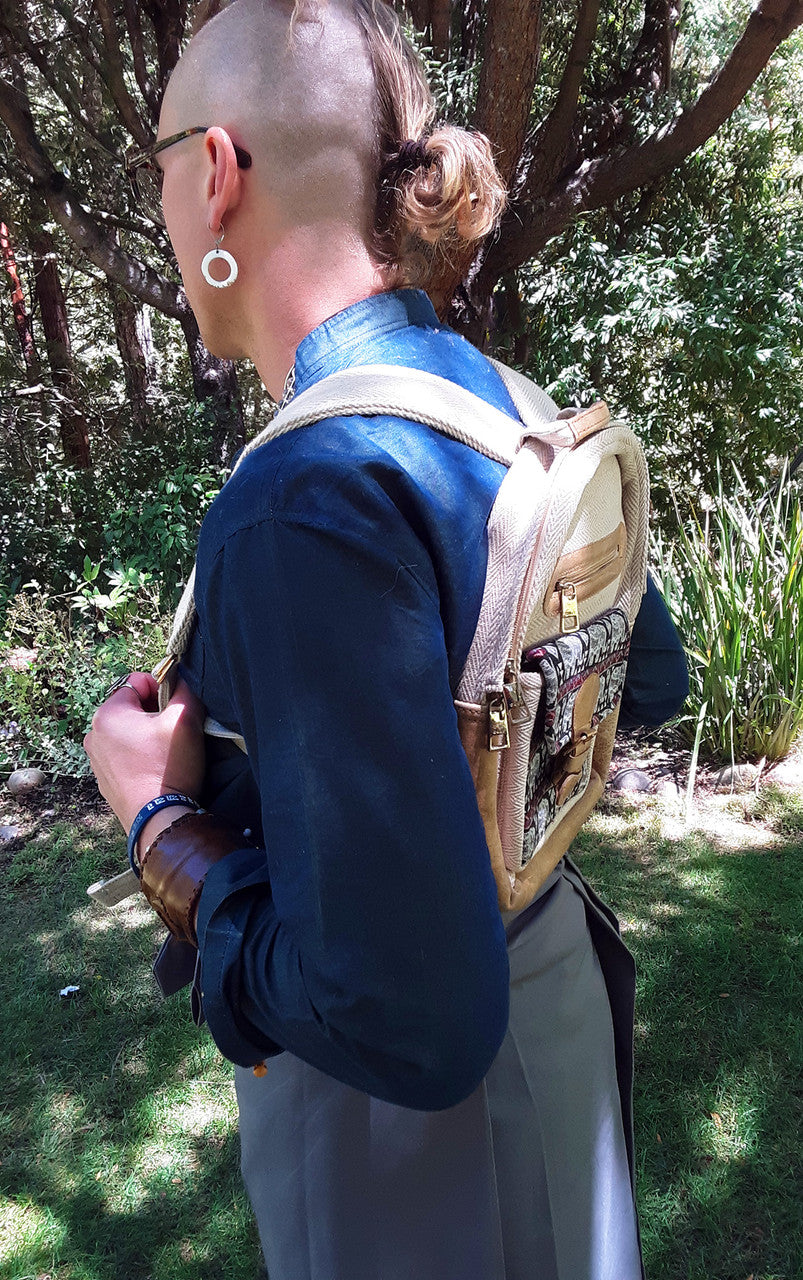 Backpack, Hemp and Leather, Beige with Elephants