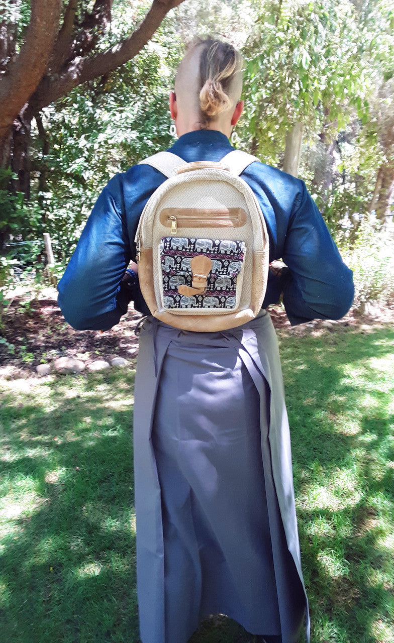 Backpack, Hemp and Leather, Beige with Elephants