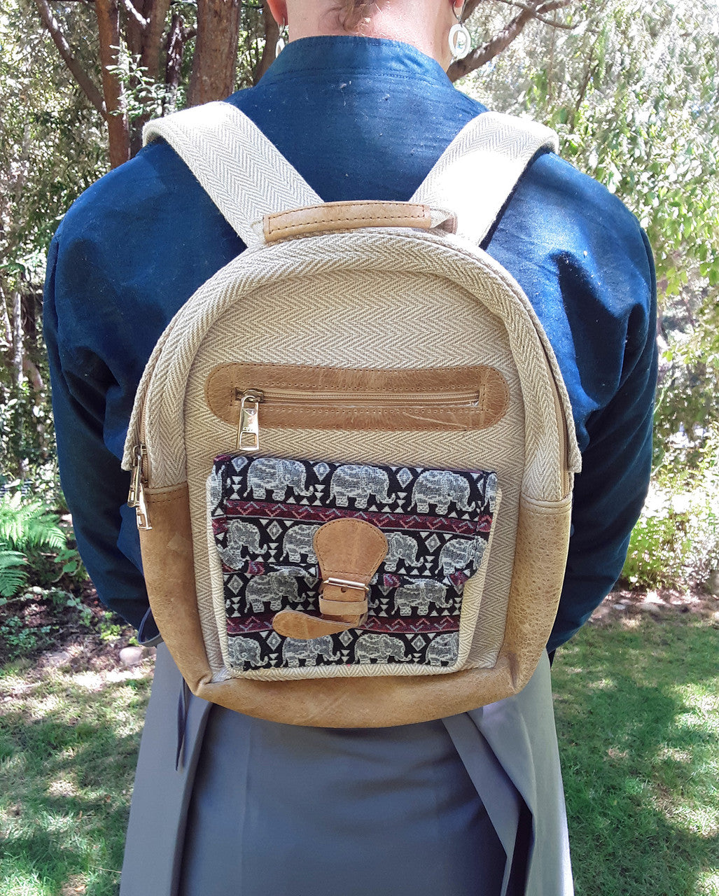 Backpack, Hemp and Leather, Beige with Elephants