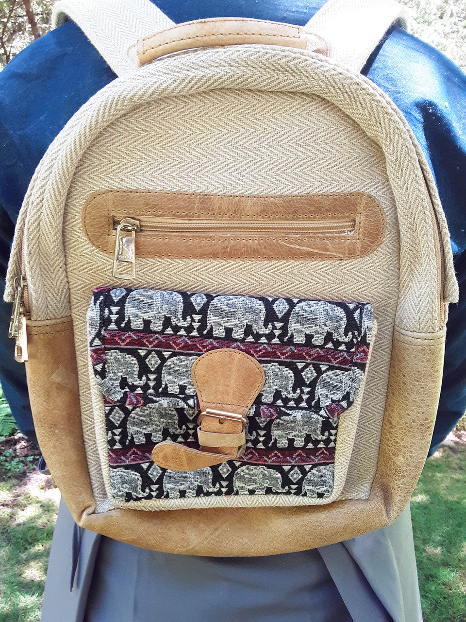 Backpack, Hemp and Leather, Beige with Elephants