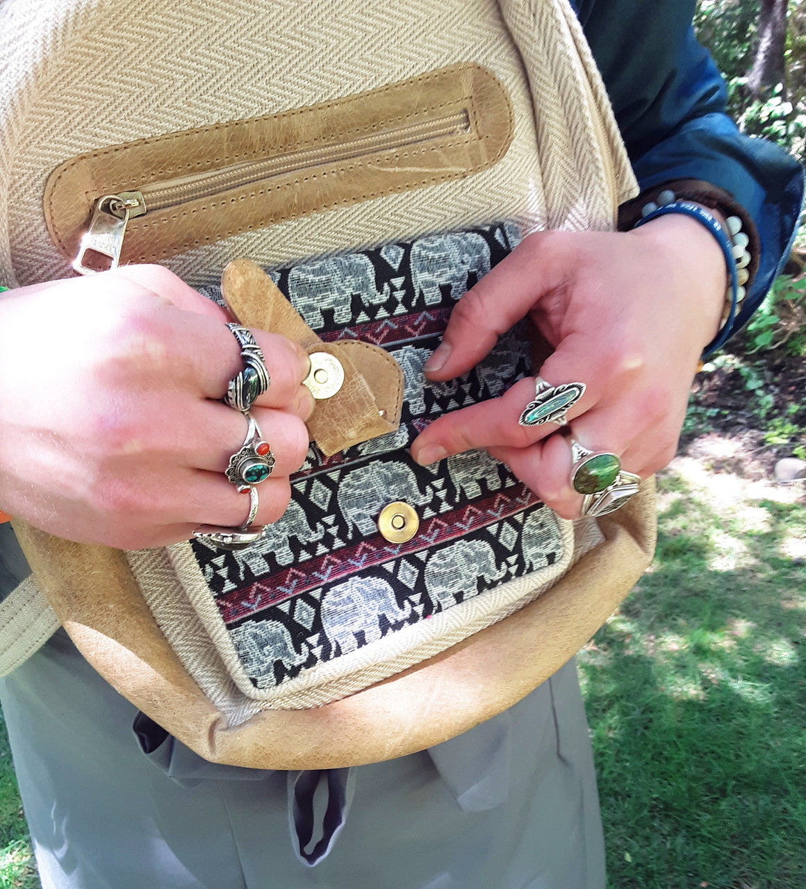 Backpack, Hemp and Leather, Beige with Elephants