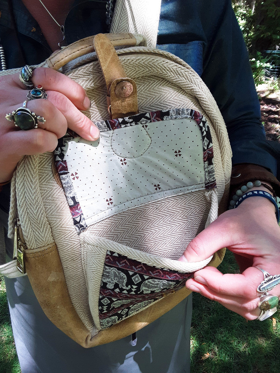 Backpack, Hemp and Leather, Beige with Elephants