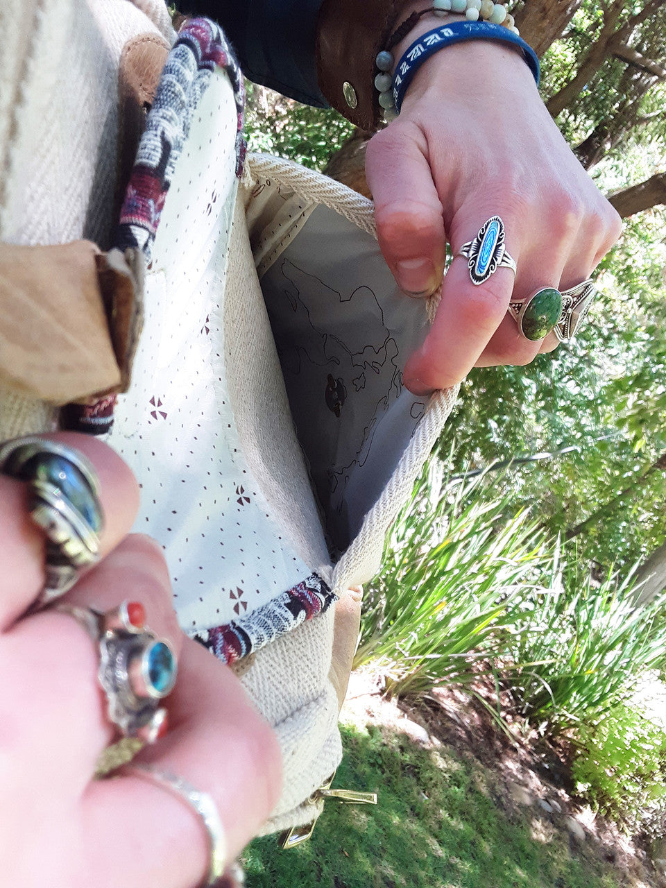 Backpack, Hemp and Leather, Beige with Elephants