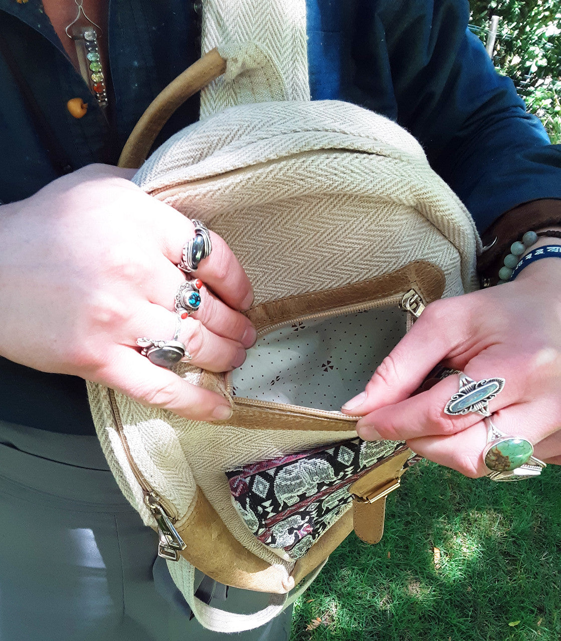 Backpack, Hemp and Leather, Beige with Elephants