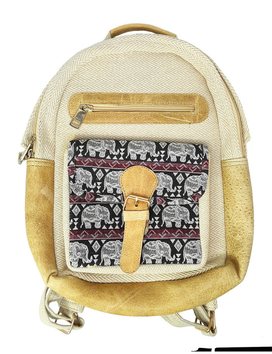 Backpack, Hemp and Leather, Beige with Elephants