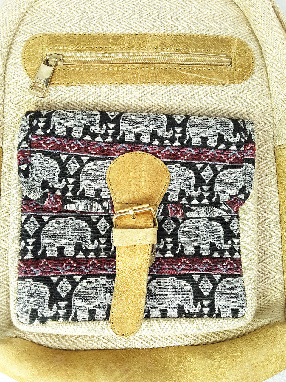 Backpack, Hemp and Leather, Beige with Elephants