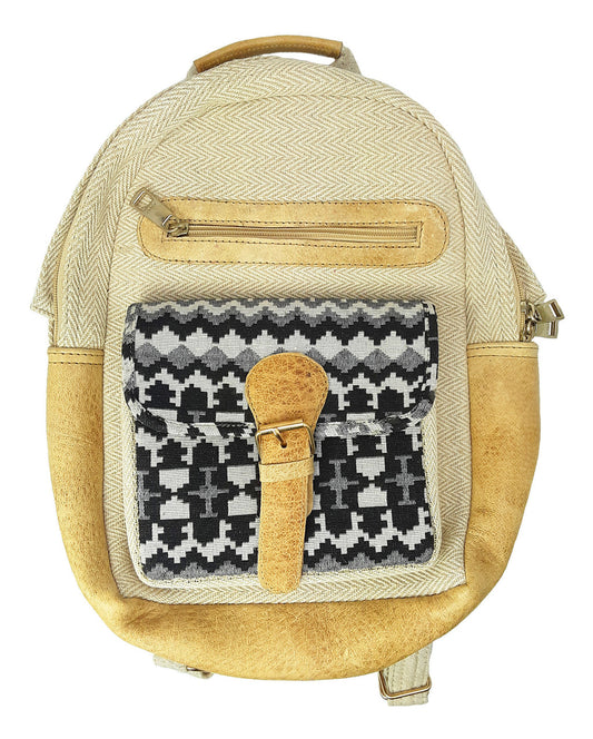 Backpack, Hemp and Leather, Beige with Black and White