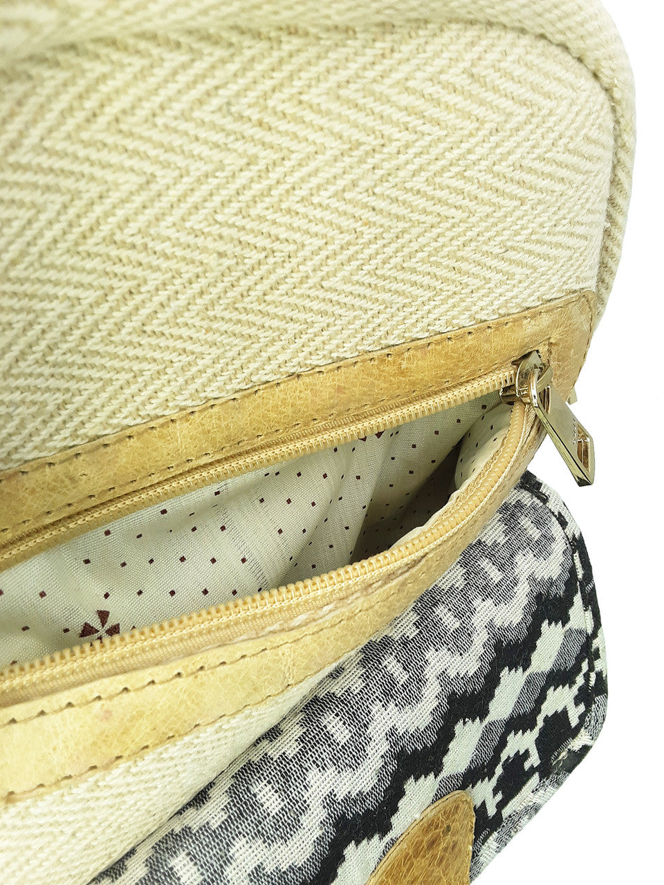 Backpack, Hemp and Leather, Beige with Black and White