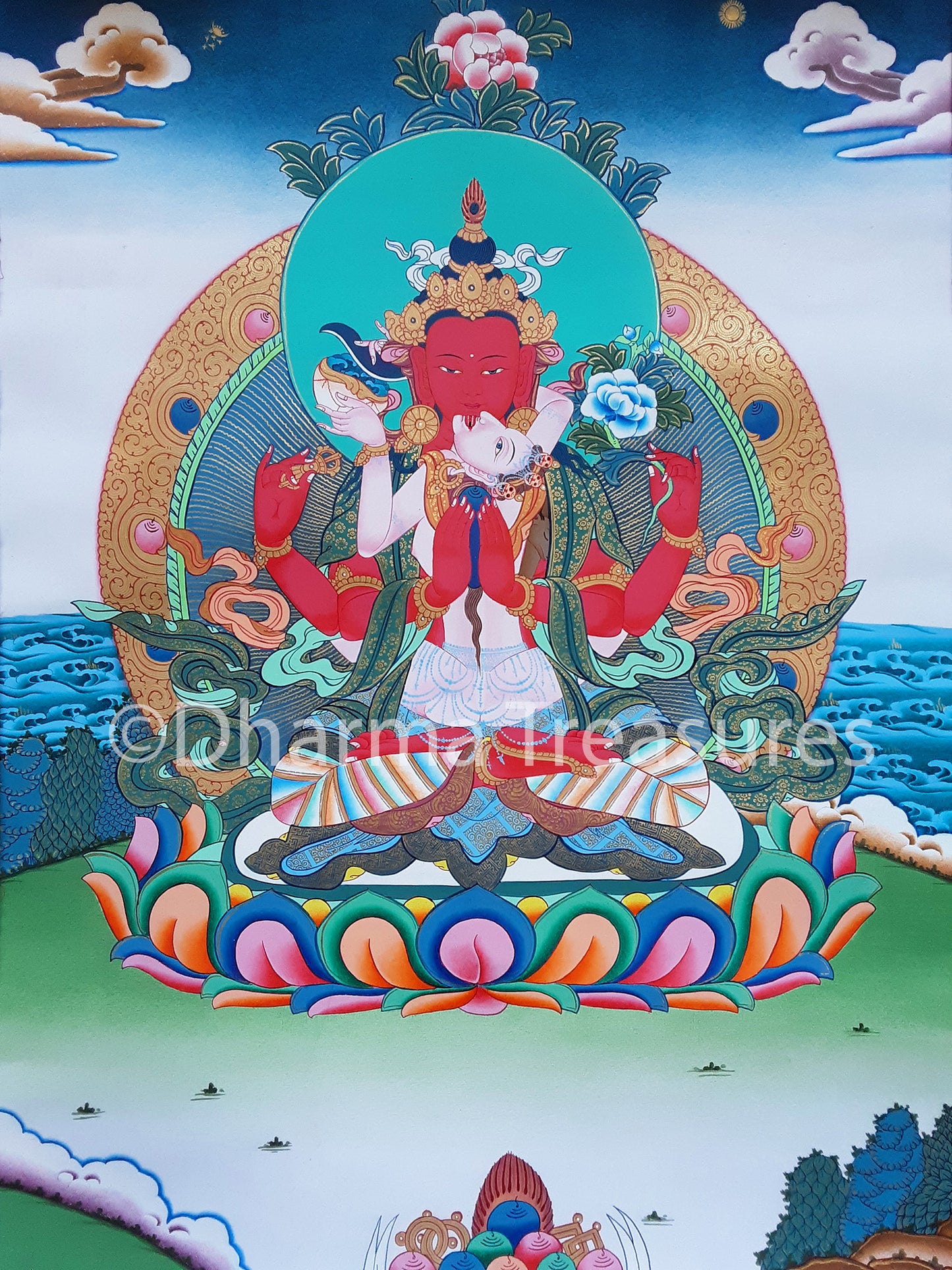 Red Chenrezig Yab-Yum Thangka 32"x42"
