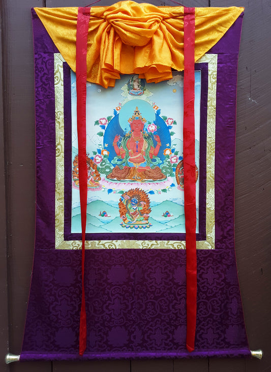 Red Chenrezig Handpainted Thangka 38"x51"