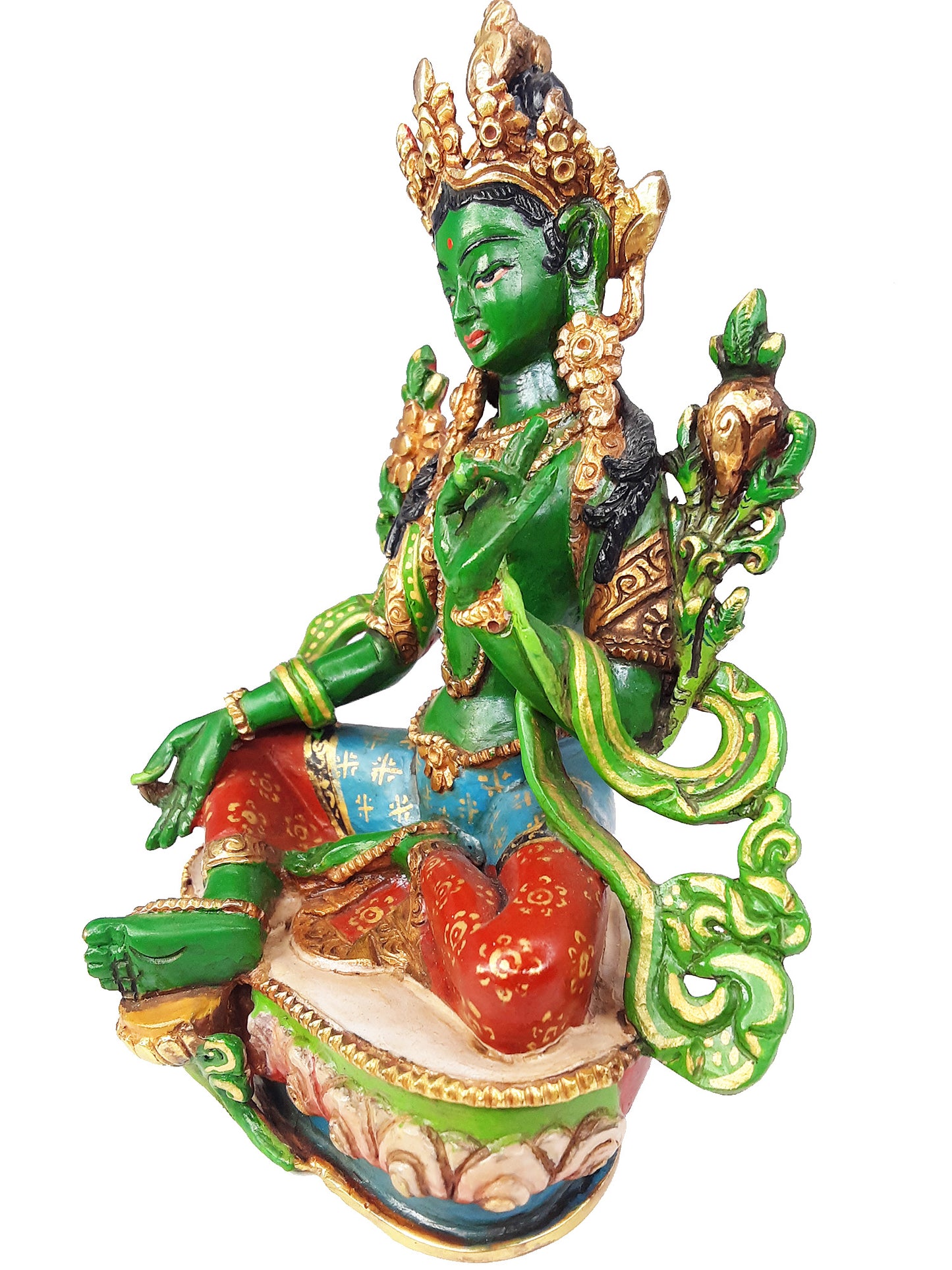 Green Tara Statue Painted Gold Plated 5.5"