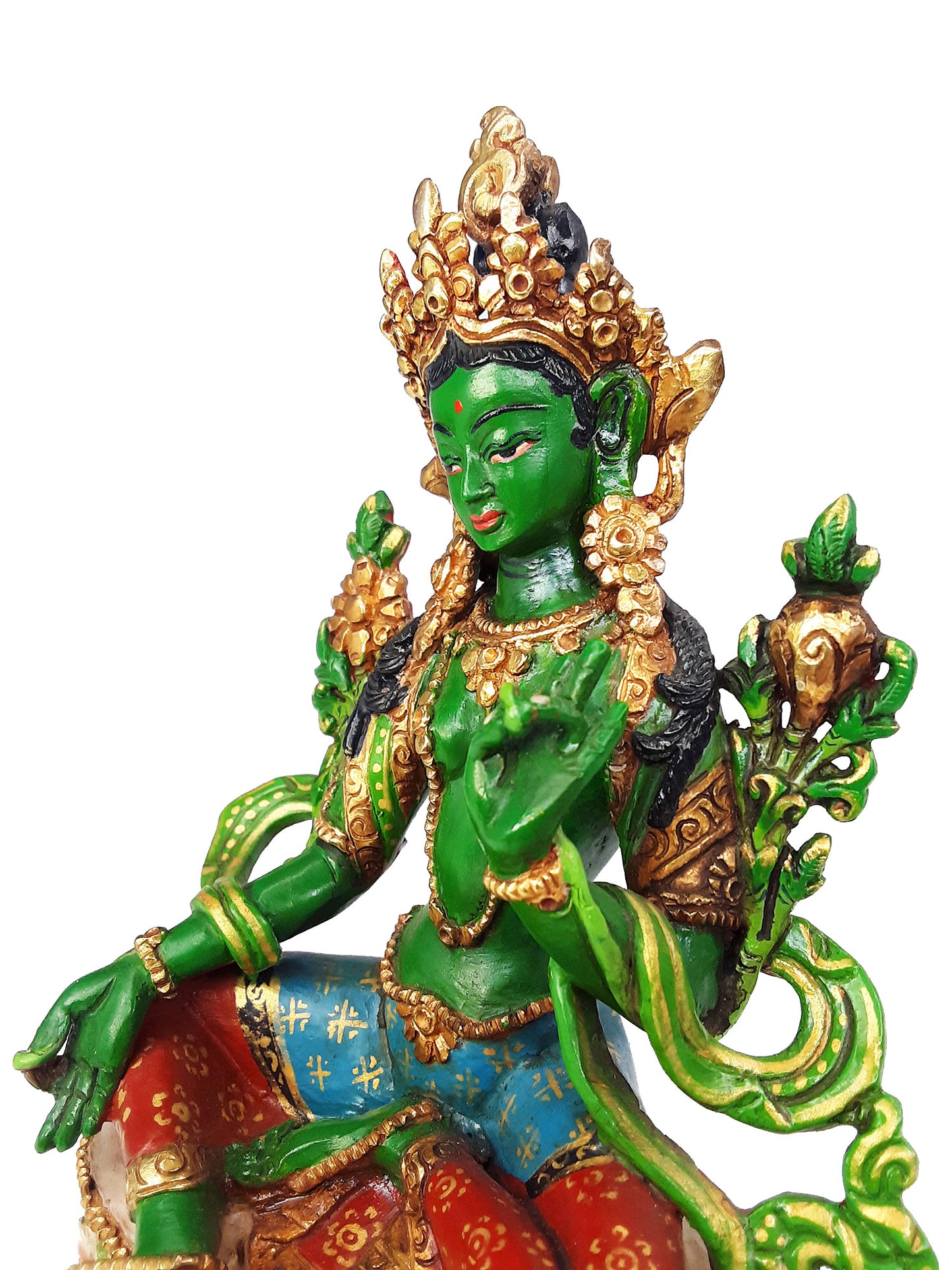Green Tara Statue Painted Gold Plated 5.5"