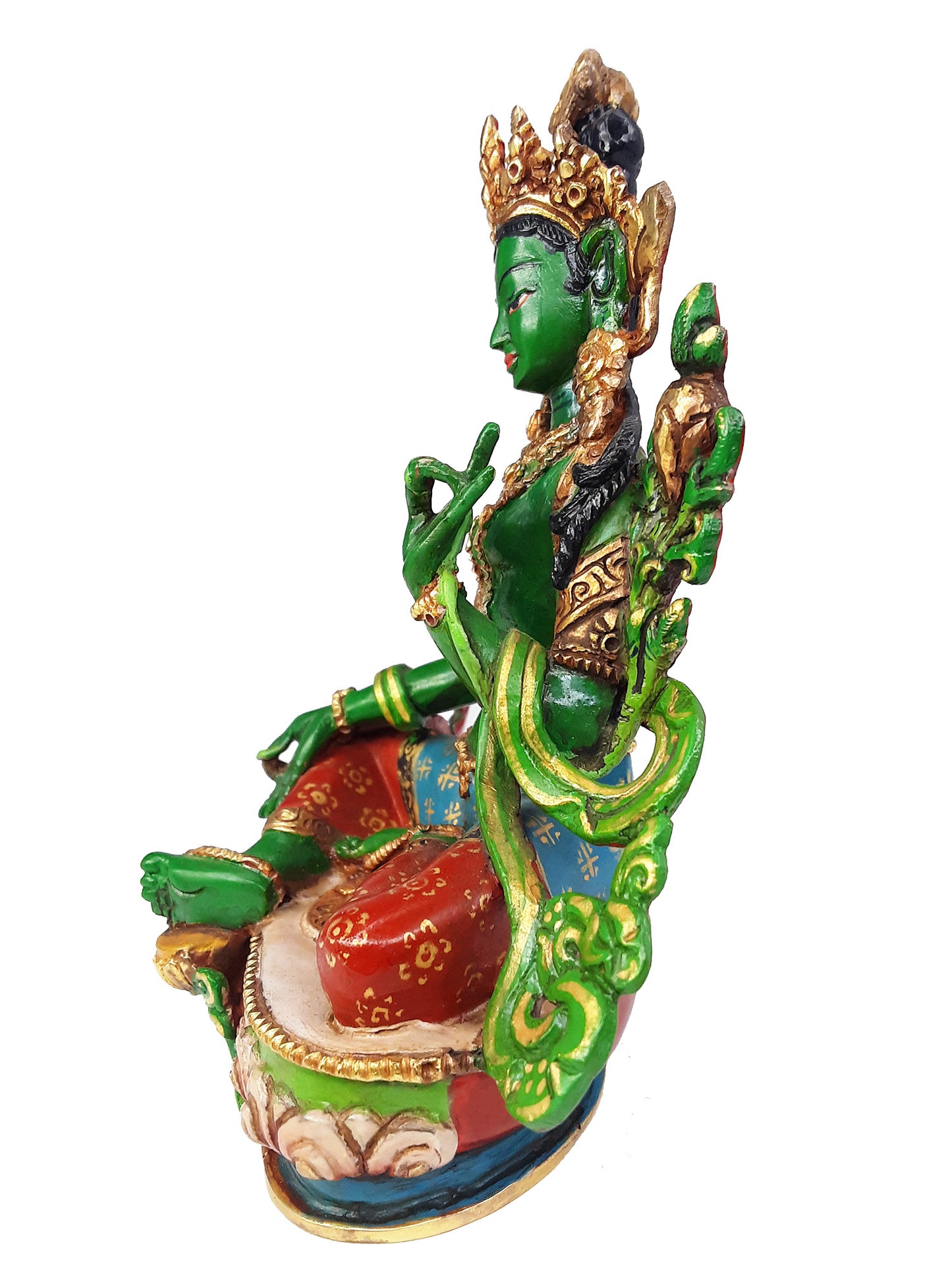 Green Tara Statue Painted Gold Plated 5.5"