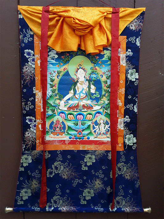 White Tara with Longevity Deities Thangka 32"x43"