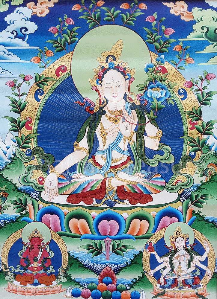 White Tara with Longevity Deities Thangka 32"x43"