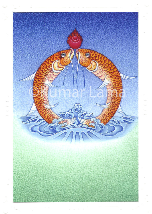 The Golden Fishes: Eight Auspicious Symbols Card by Kumar Lama