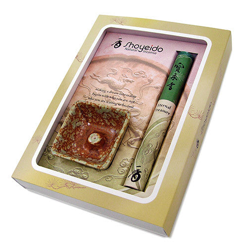 One 40-stick bundle of Eternal Treasure, 5.25"
One mini tray-shaped Incense Holder, 2 1/4" x 2 1/4"