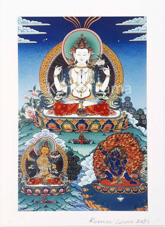 Chenrezig with Retinue Deity Card Print by Kumar Lama