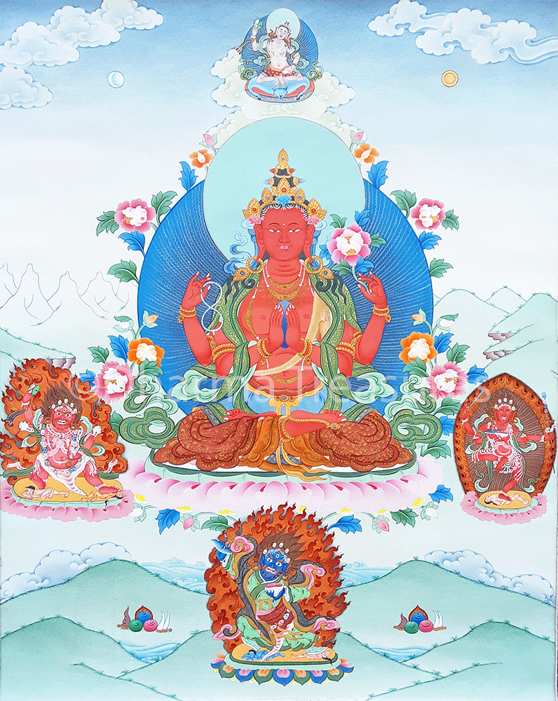 Red Chenrezig Handpainted Thangka 38"x51"