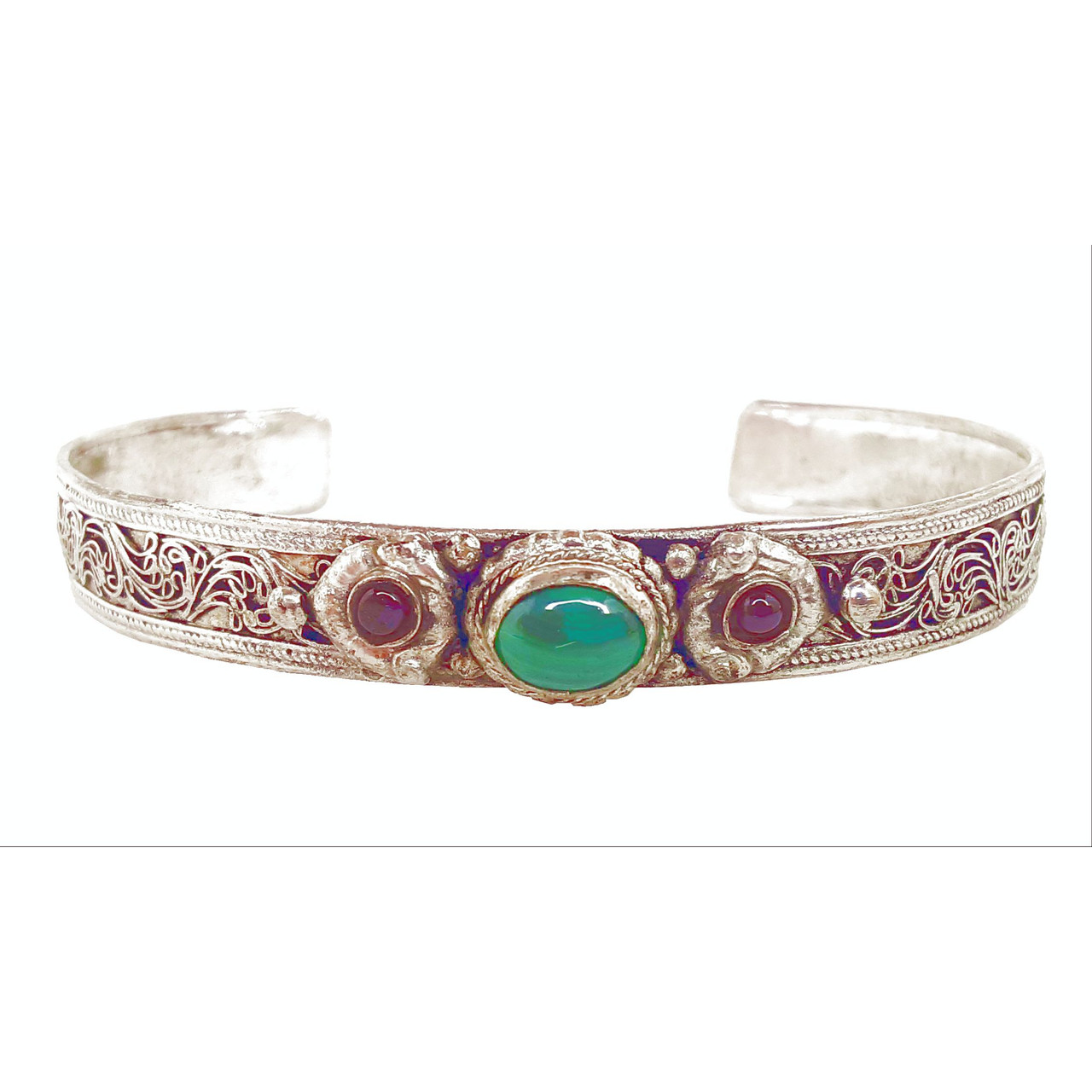 Malachite and Garnet White Metal Bracelet