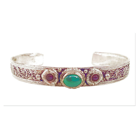Malachite and Garnet White Metal Bracelet