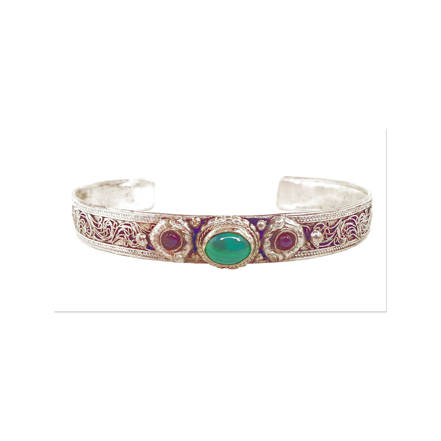 Malachite and Garnet White Metal Bracelet