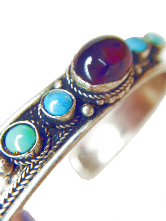 Garnet and Turquoise White Metal Bracelet