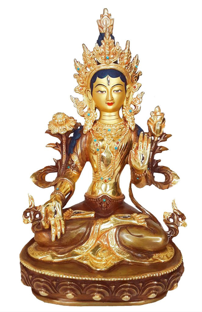 White Tara Statue, Half-Gold Plated, 8.75"
