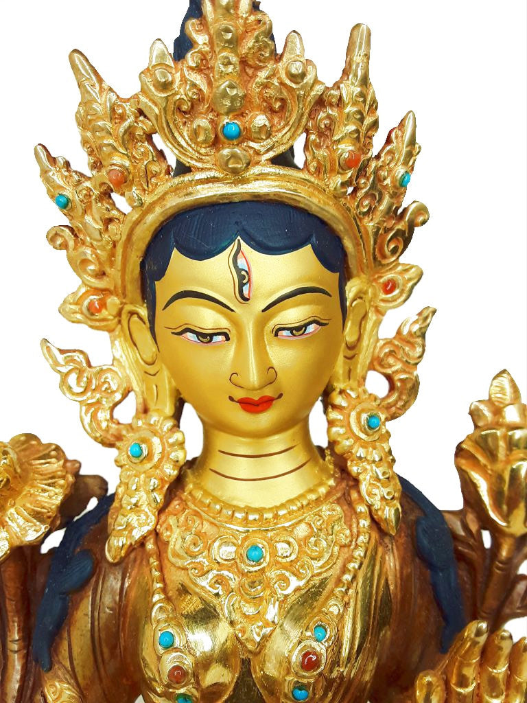 White Tara Statue, Half-Gold Plated, 8.75"