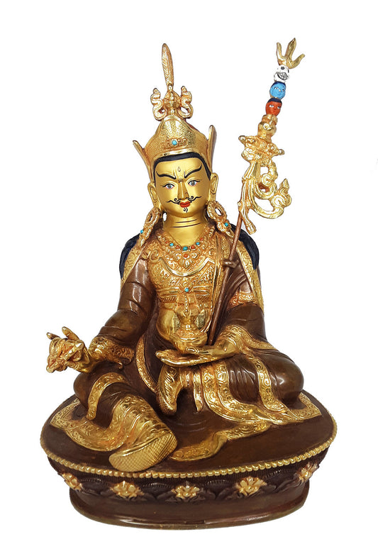 Guru Rinpoche Statue, Half-Gold Plated Copper, 9"