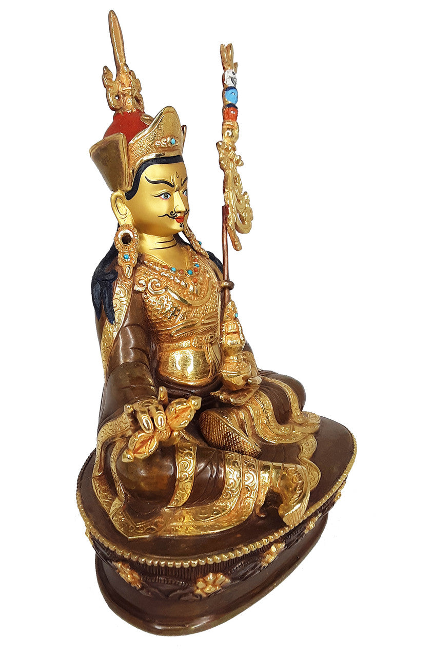 Guru Rinpoche Statue, Half-Gold Plated Copper, 9"