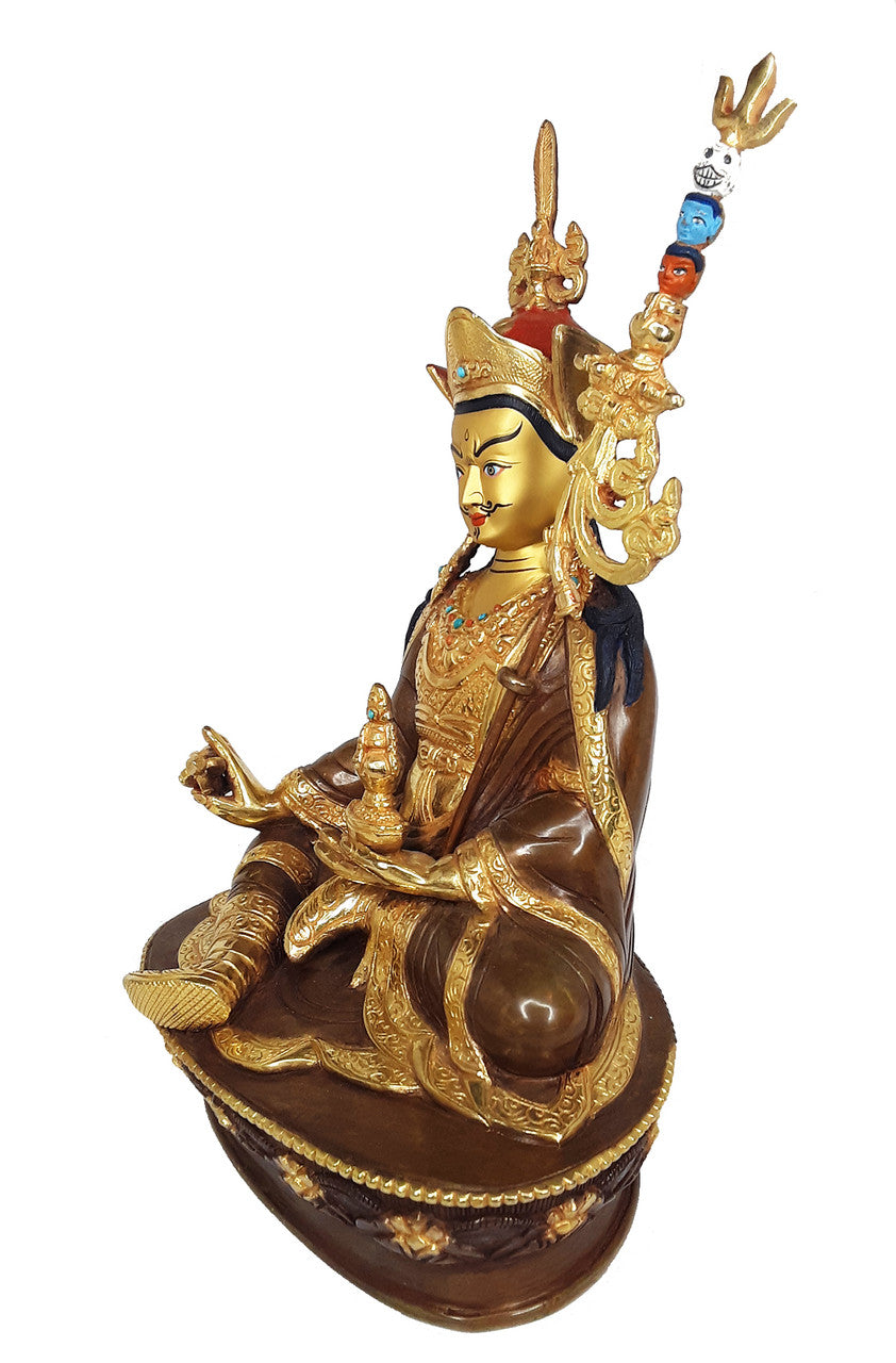 Guru Rinpoche Statue, Half-Gold Plated Copper, 9"