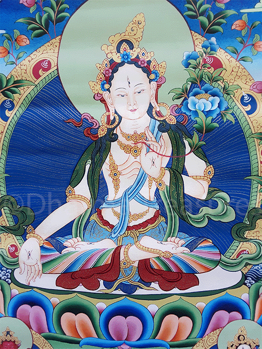 White Tara with Longevity Deities Thangka 32"x43"