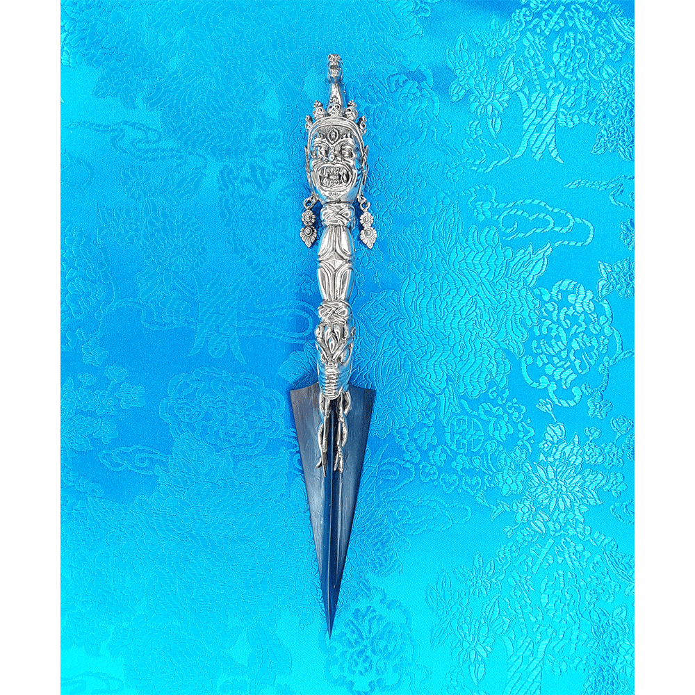 Dudjom Lingpa Silver Terma Phurba with Steel-Meteorite Blade 8" by Natsog Dorje