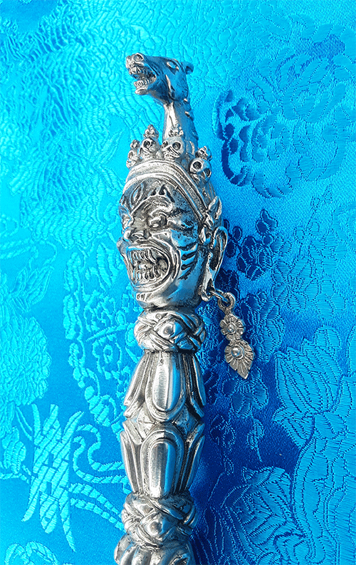 Dudjom Lingpa Silver Terma Phurba with Steel-Meteorite Blade 8" by Natsog Dorje
