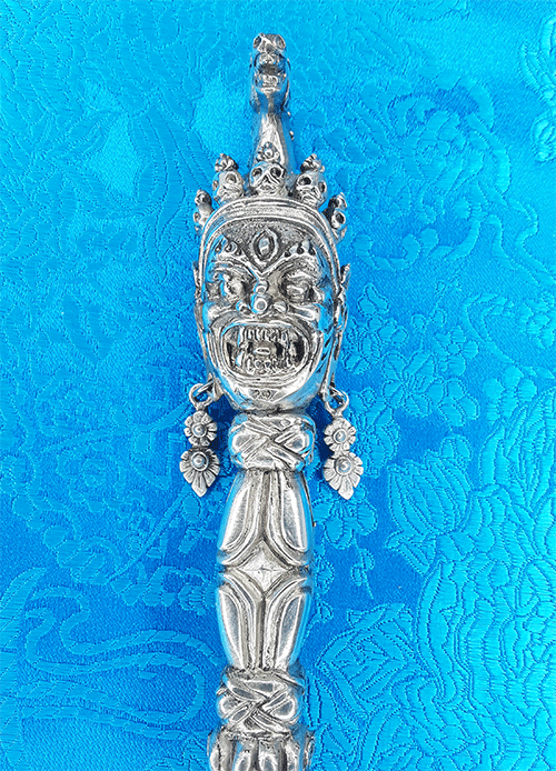 Dudjom Lingpa Silver Terma Phurba with Steel-Meteorite Blade 8" by Natsog Dorje
