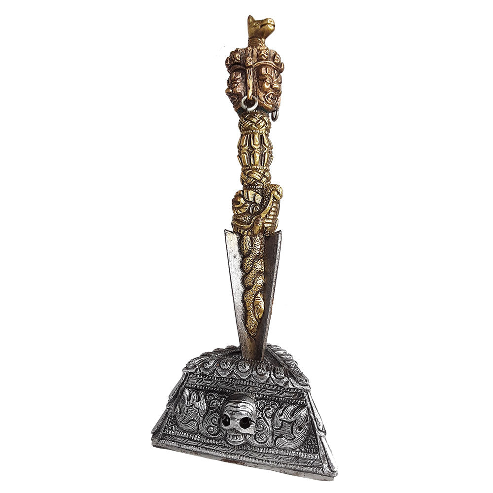 Metal Phurba Stand with Skulls 3.5"x 1.75"