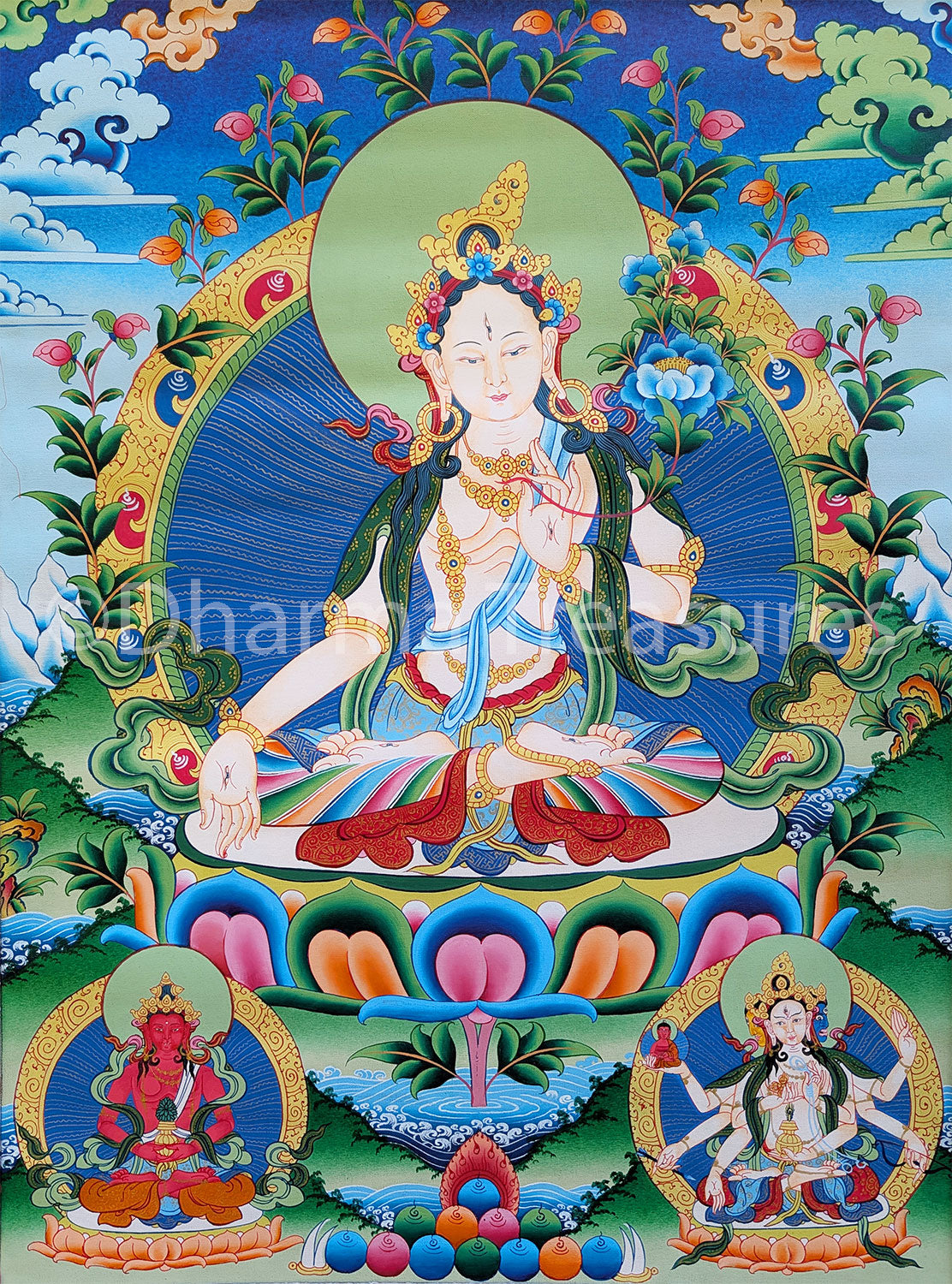 White Tara with Longevity Deities Thangka 32"x43"