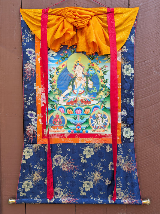 White Tara with Longevity Deities Thangka 32"x43"